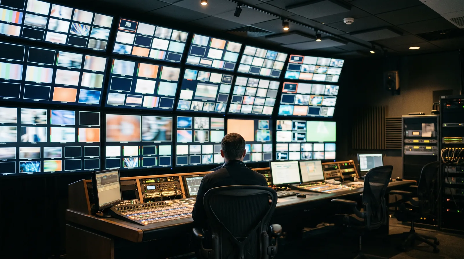 A television broadcast master control room, one operator seated before a wall of monitors.