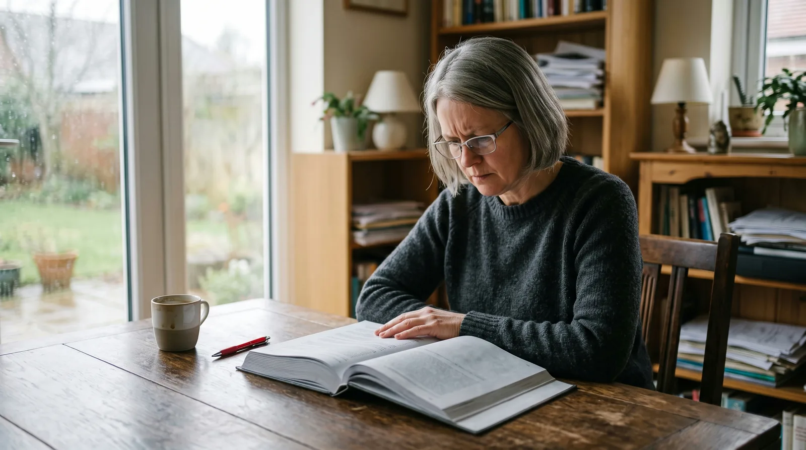 A person alone at a desk by a window, reading a printed report with a sceptical expression.