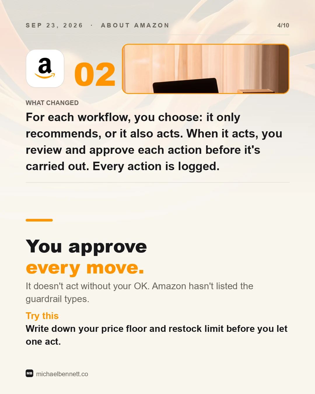 Carousel slide: for each workflow, you choose: it only recommends, or it also acts. When it acts, you review and approve each action before it's carried out. Every action is logged. Try this: write down your price floor and restock limit before you let one act.