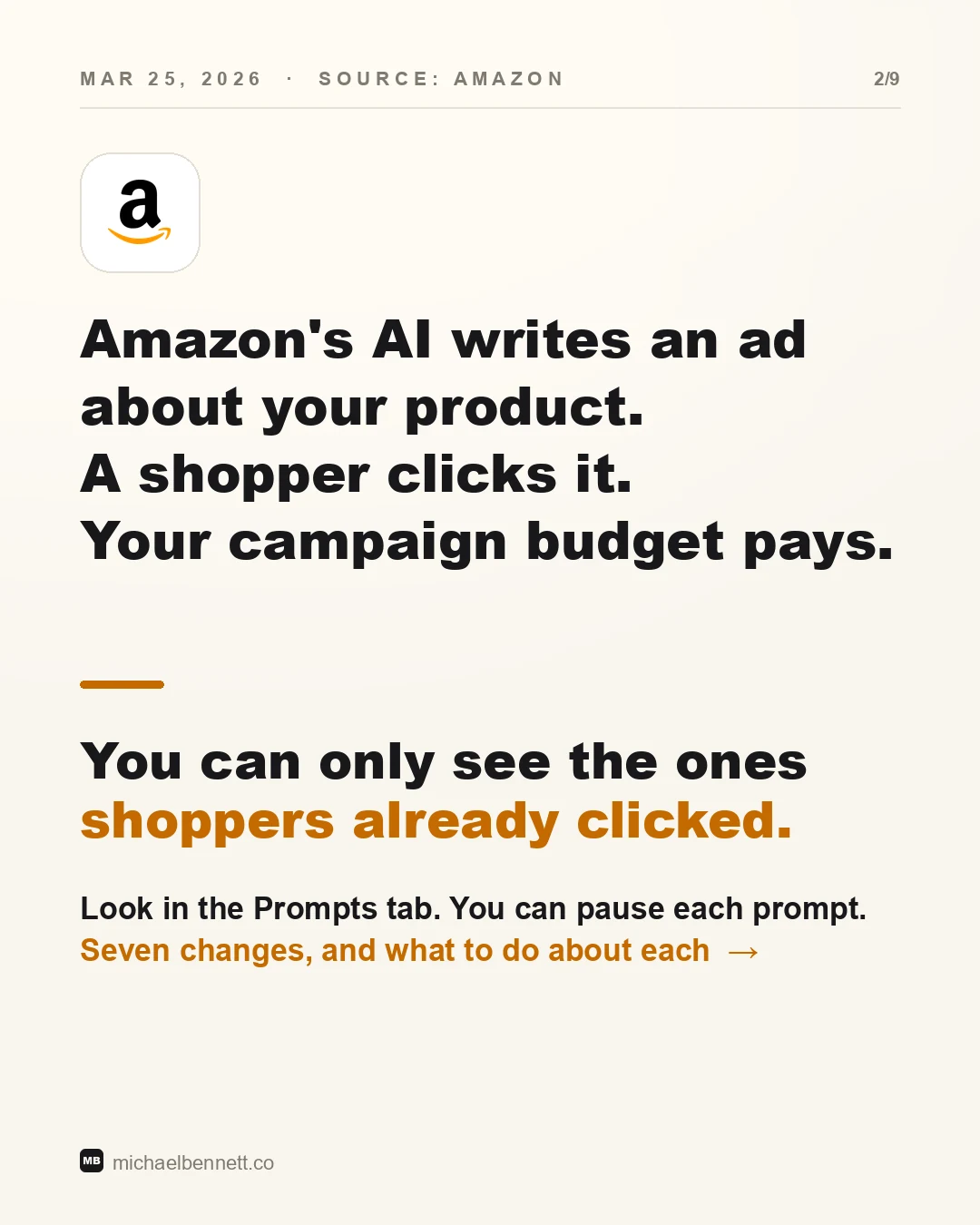 Carousel slide: Amazon's AI writes an ad about your product. A shopper clicks it. Your campaign budget pays. You can only see the ones shoppers already clicked. March 25, 2026, source Amazon.