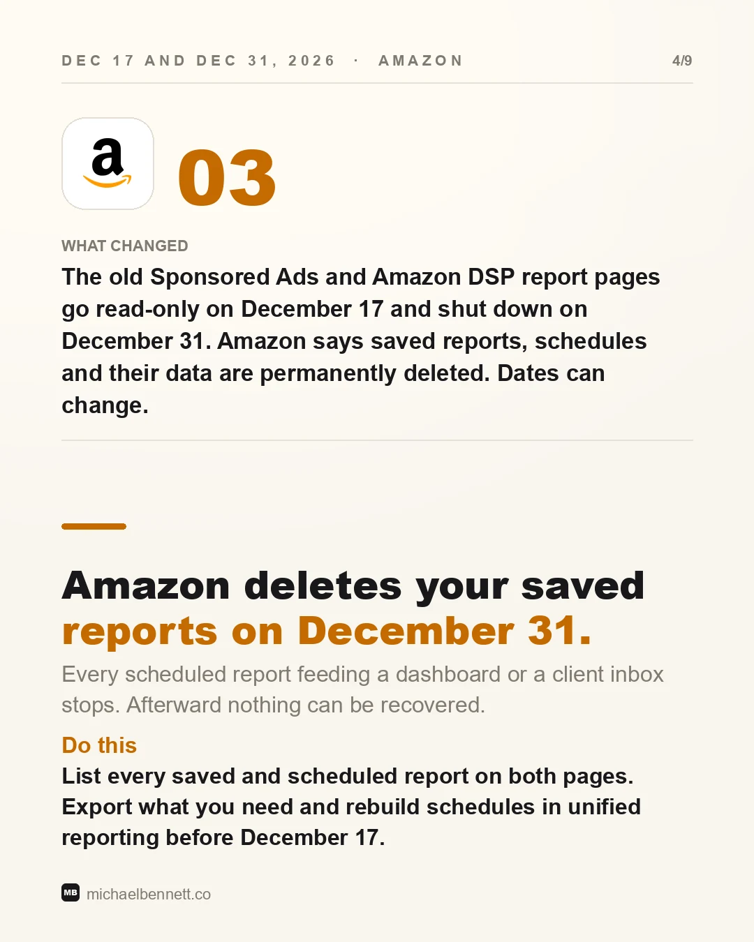 Carousel slide: Amazon deletes your saved reports on December 31. The old report pages go read-only on December 17 and shut down on December 31. Dates can change.
