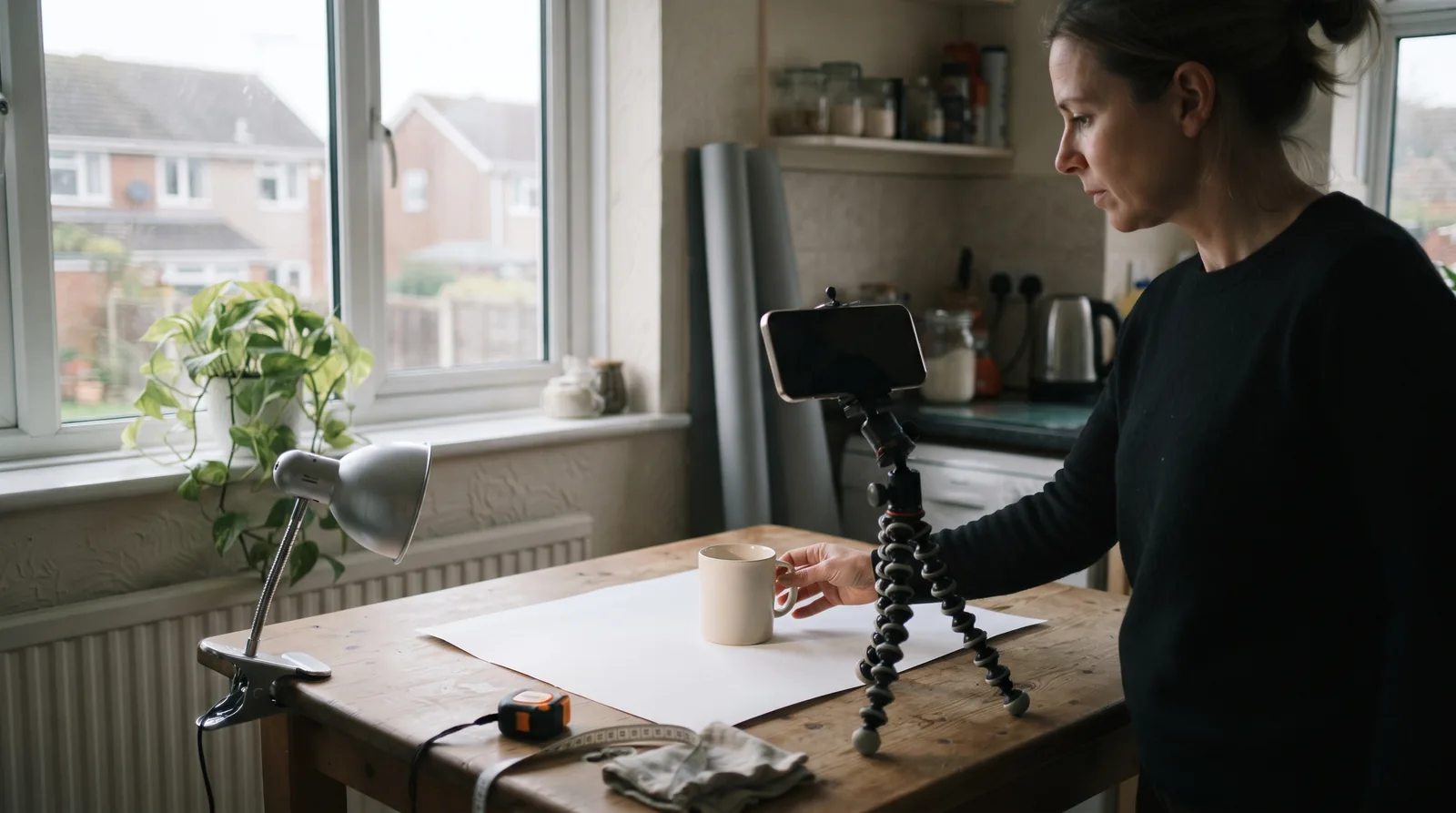 A woman photographs a ceramic mug on a sheet of white paper at her kitchen table, using a phone clamped to a small tripod and a clip-on lamp, in daylight from the window behind her.