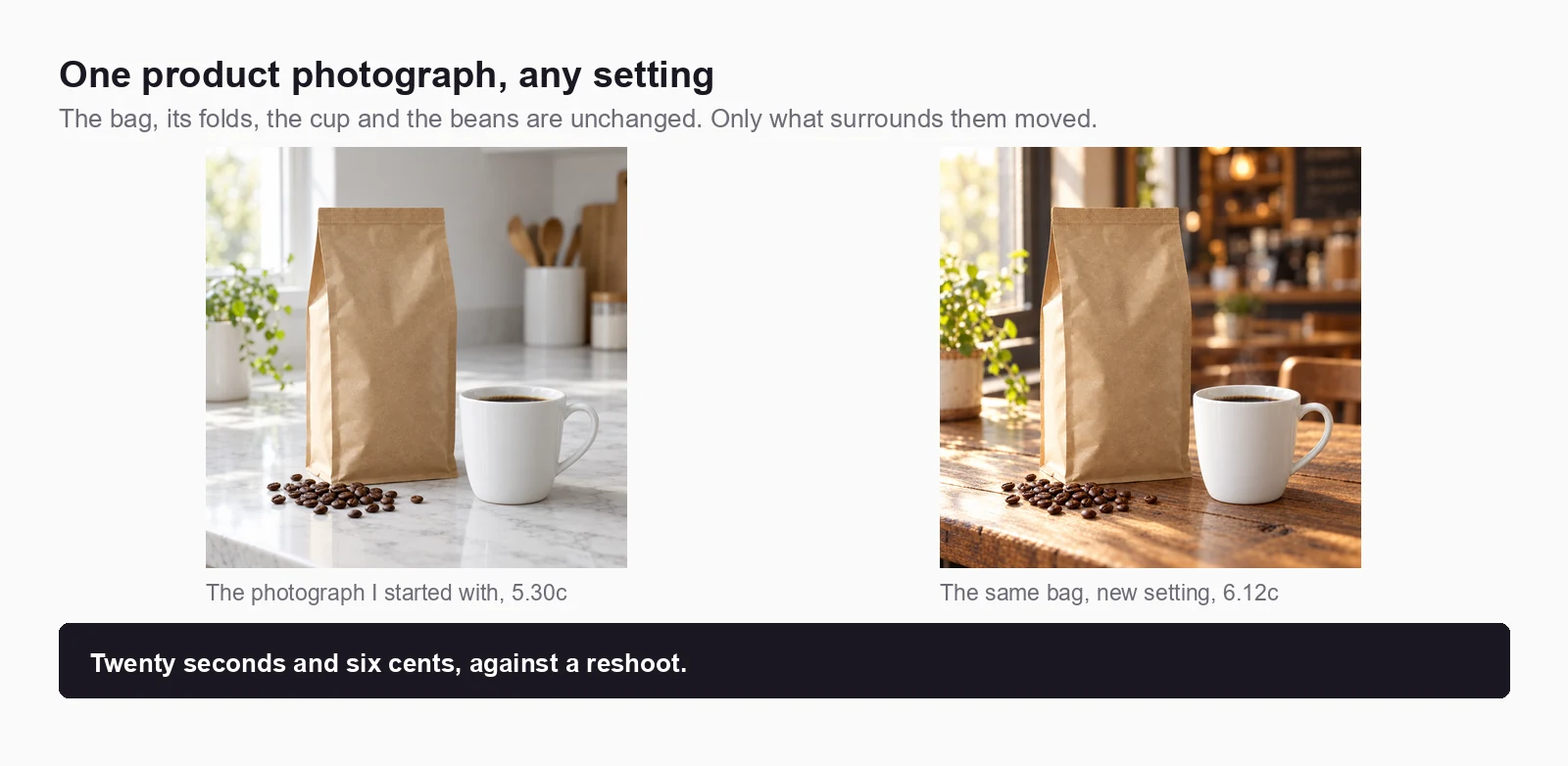 Two photographs of the same plain kraft coffee bag with a white cup and loose beans. On the left it stands on a pale marble kitchen counter; on the right the identical bag and cup are on a rustic wooden cafe table with a blurred cafe interior behind. The bag's shape, folds and color are unchanged.