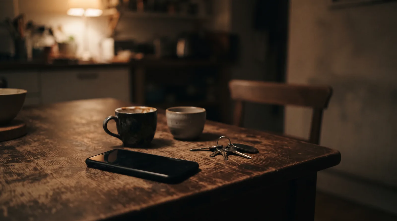 A phone lying face down on a kitchen table late in the evening, beside two used cups and a set of keys.