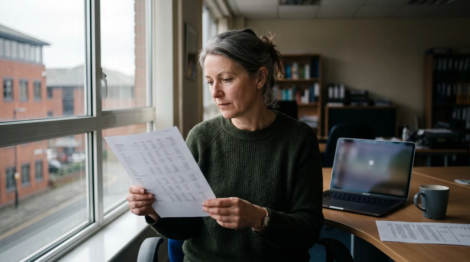 A woman sits by a large office window in daylight, reading a printed page of figures held in both hands. Beside her on the desk an open laptop runs with its screen out of focus, next to a mug and a second printed sheet.