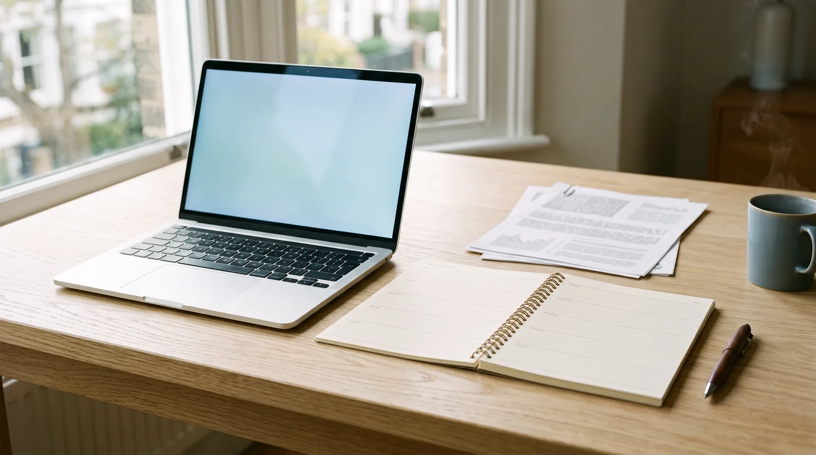 A morning desk with a laptop, an open planner and a stack of papers arranged in sequence.