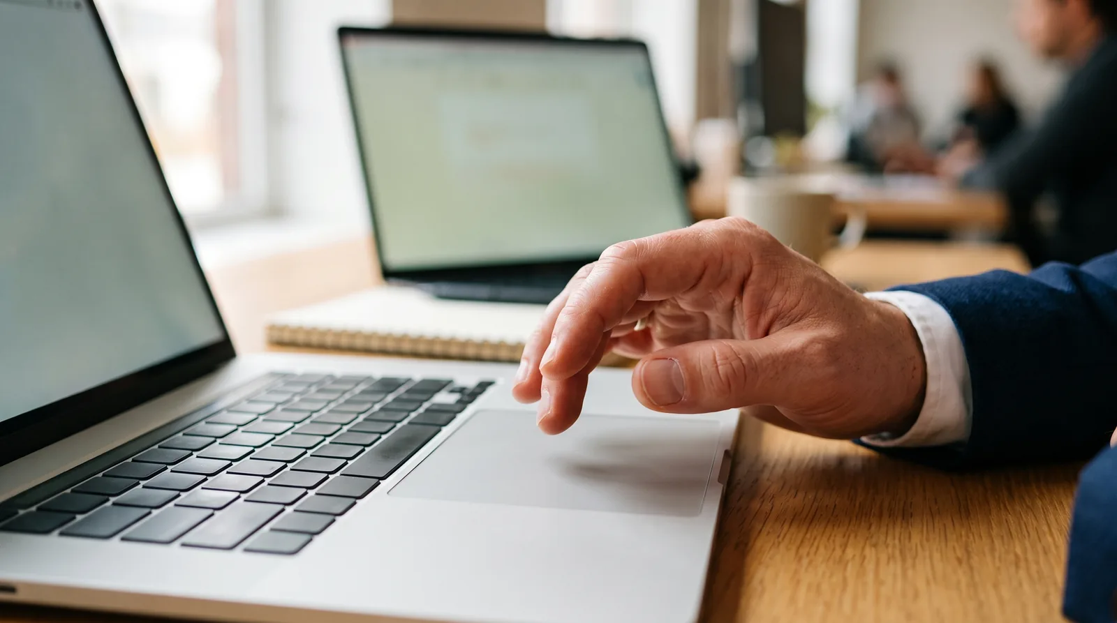 A hand held still just above a laptop trackpad, poised but not touching.