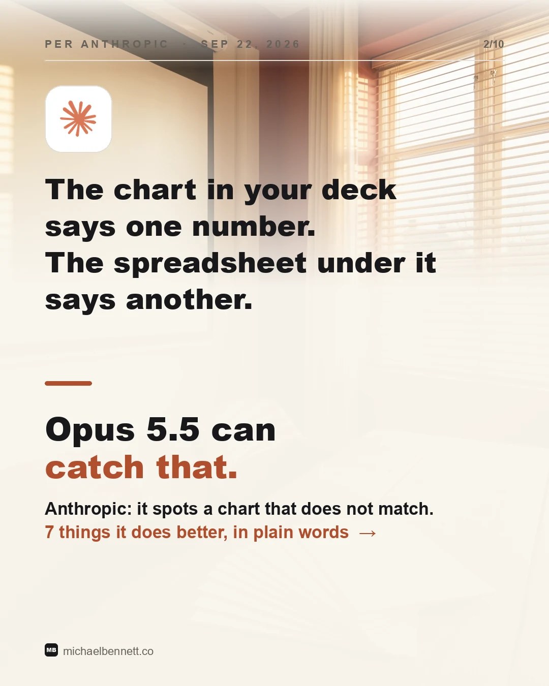 Carousel slide: the chart in your deck says one number, the spreadsheet under it says another. Opus 5.5 can catch that. Per Anthropic, September 22, 2026: it spots a chart that does not match.