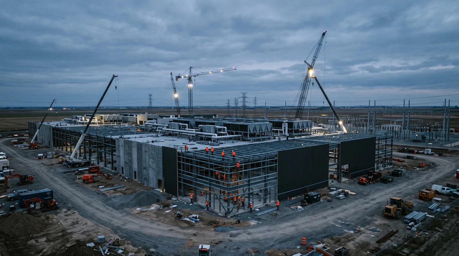 A hyperscale data centre under construction at blue hour, steel frame part clad, cranes and power lines behind.