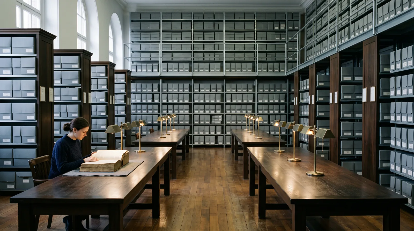 The reading room of a records archive: long tables, individual lamps, shelves of archive boxes, one researcher consulting a volume.