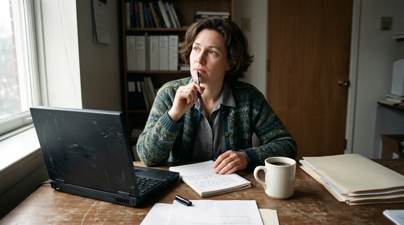 A woman at a wooden desk in a small office pauses with a pen at her lips, her hand on a handwritten list, beside an open laptop, a mug of coffee and a stack of folders, in window light.