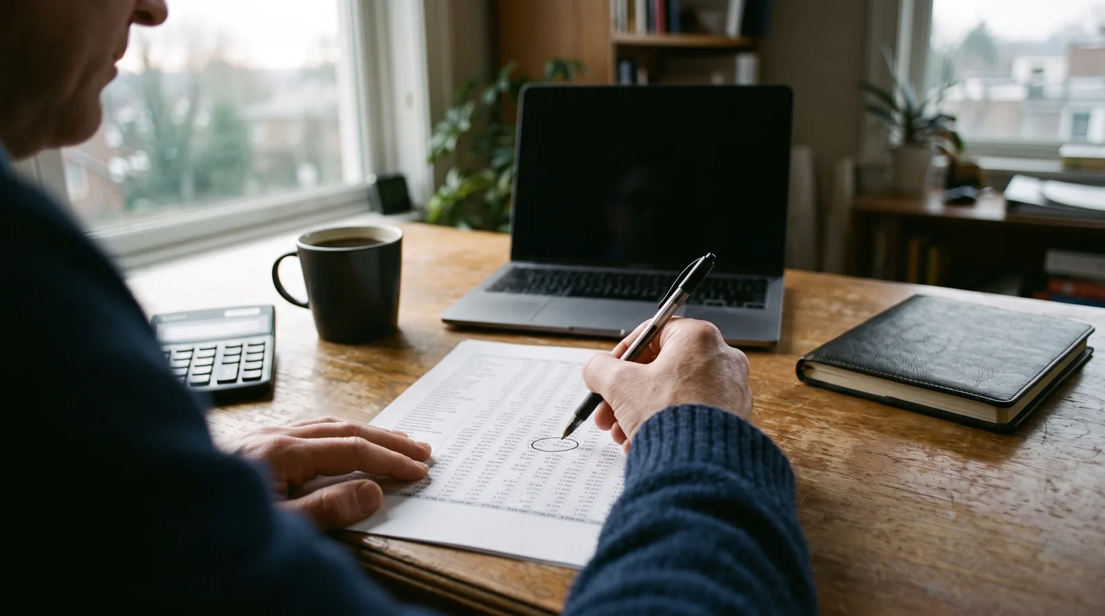 Over a person's shoulder at a wooden desk in morning light: 1 hand circles a single row on a printed spreadsheet with a pen, next to a calculator, a mug of coffee, a closed notebook and a laptop.