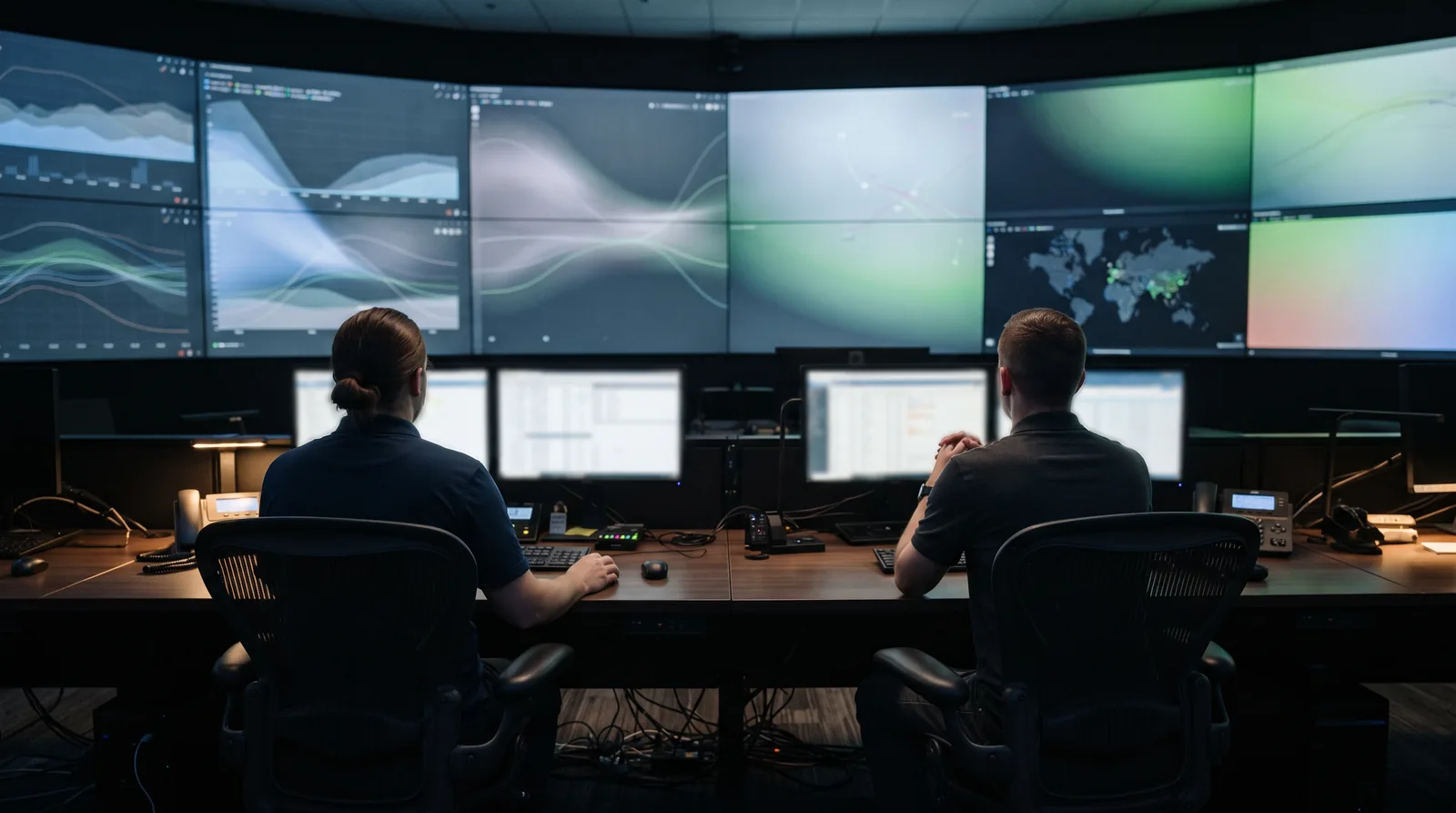 Two operators in a network operations centre watching a wall of displays, hands resting on the desk rather than the controls.