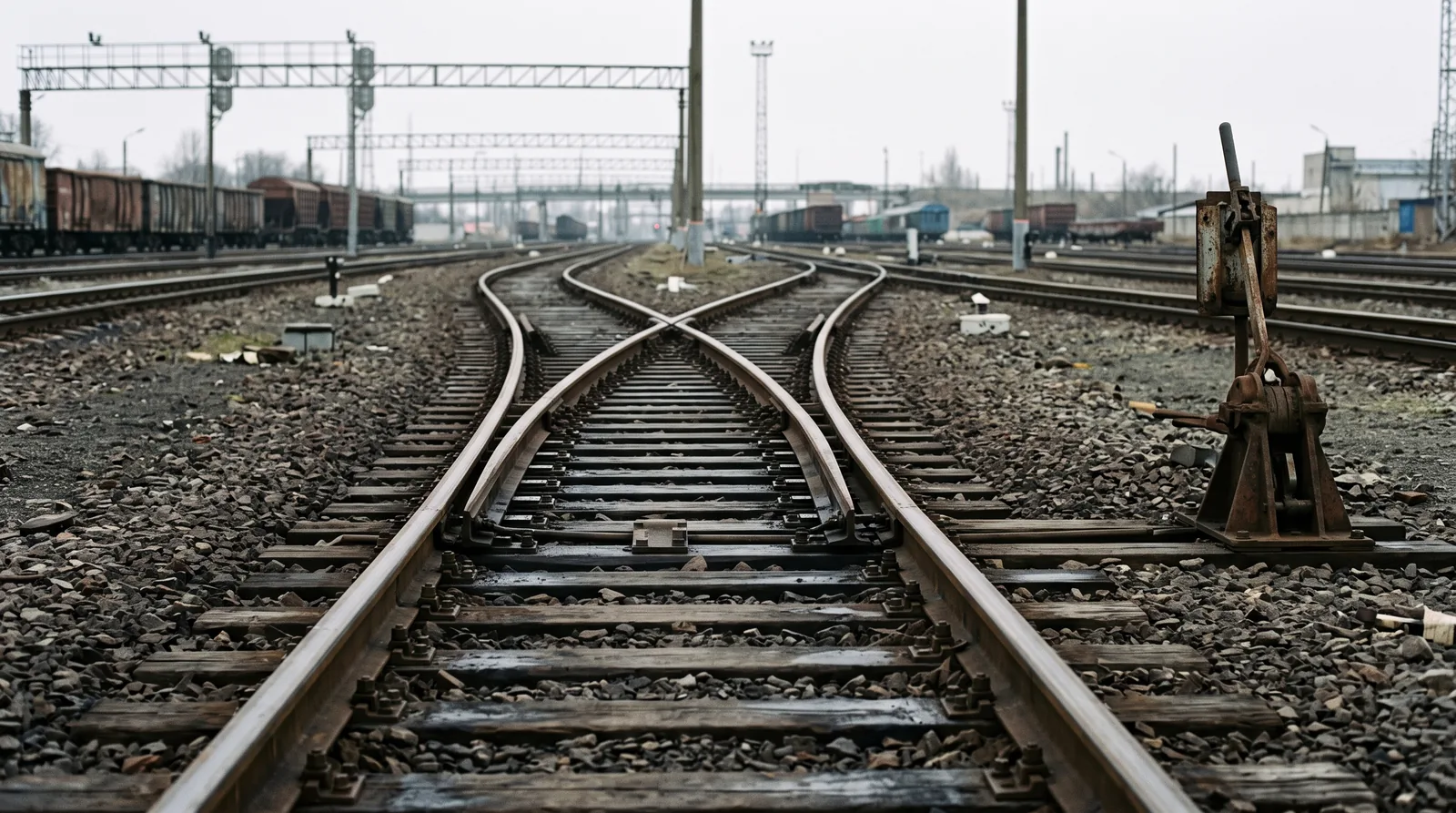 Railway points where a single track diverges into two, photographed low along the rails.