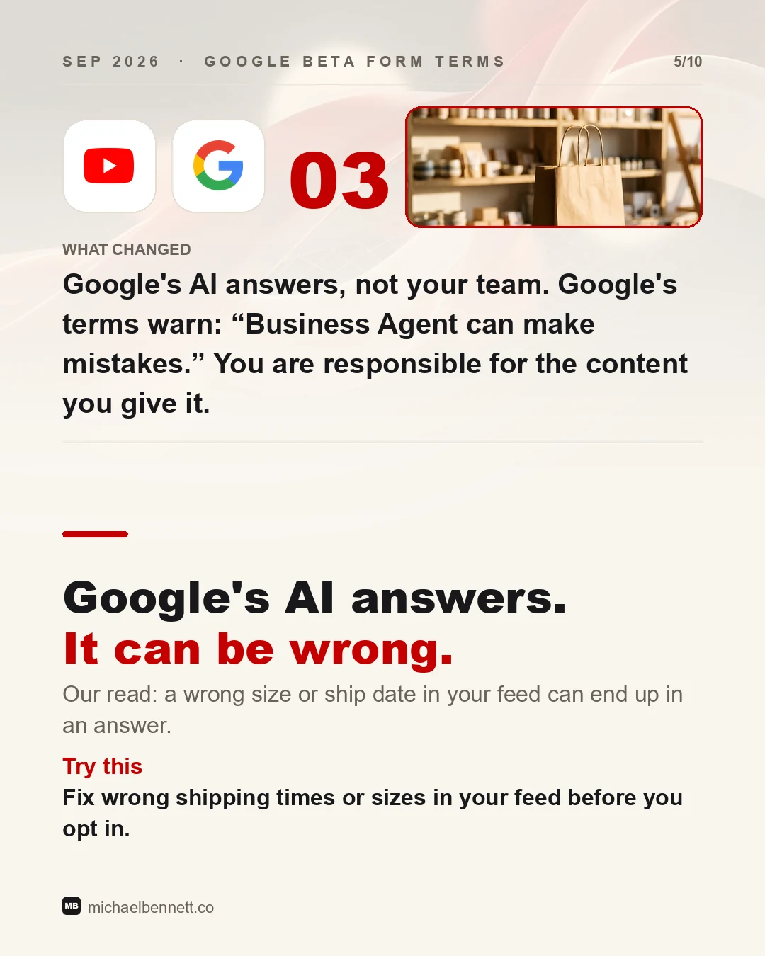 Carousel slide: Google's AI answers, not your team. Google's terms warn that Business Agent can make mistakes, and you are responsible for the content you give it.
