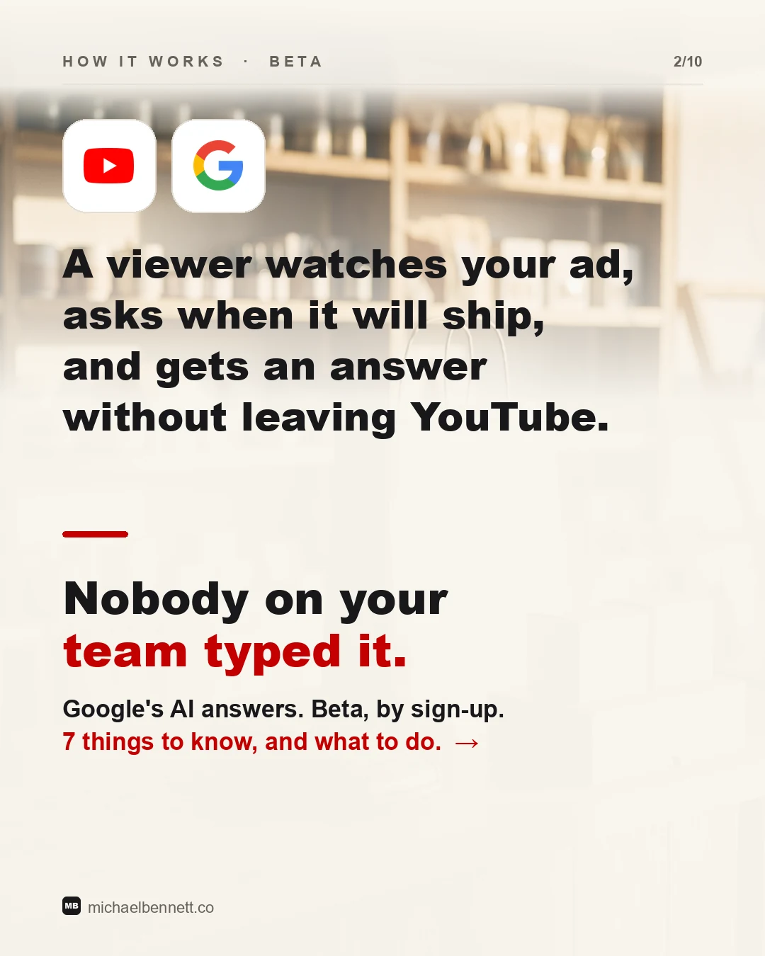 Carousel slide: a viewer watches your ad, asks when it will ship, and gets an answer without leaving YouTube. Nobody on your team typed it. Google's AI answers. Beta, by sign-up.