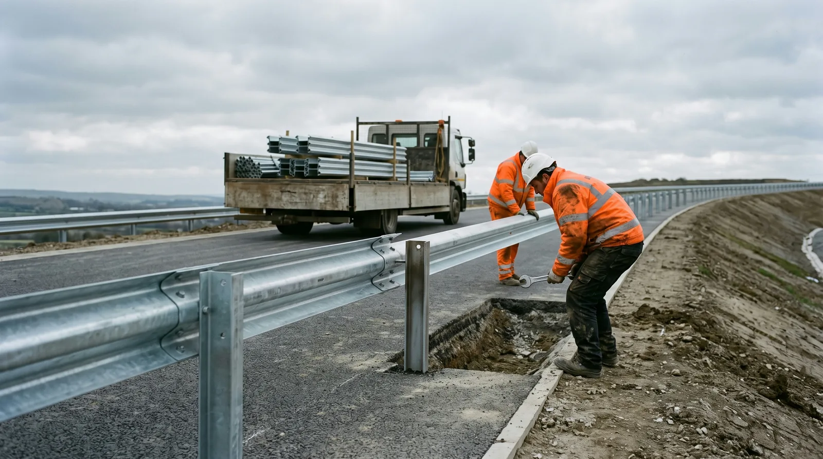 A crew installing steel safety barrier along a new road, one section bolted in place and the next still open.