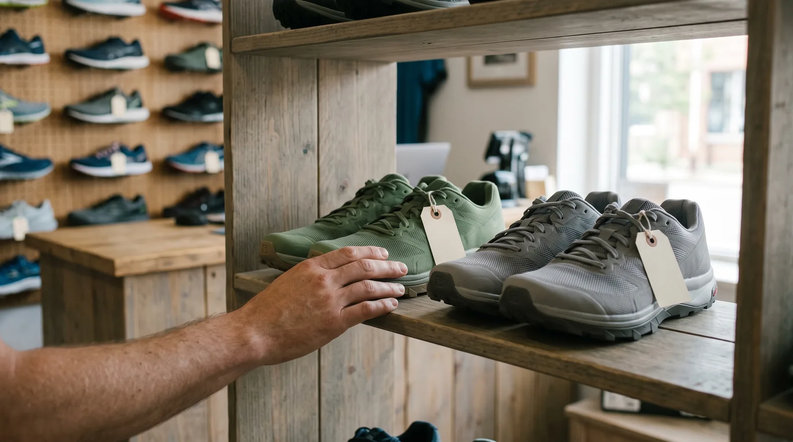 On a wooden shelf in a running shop, a green pair and a grey pair of similar trail running shoes sit side by side with blank price tags, and a shopper's hand rests on the shelf between them.