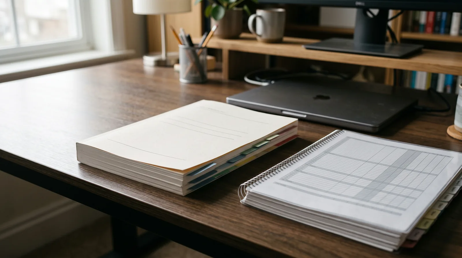 A finished report with coloured index tabs and a bound spreadsheet printout on a desk, the laptop closed and pushed to the back.