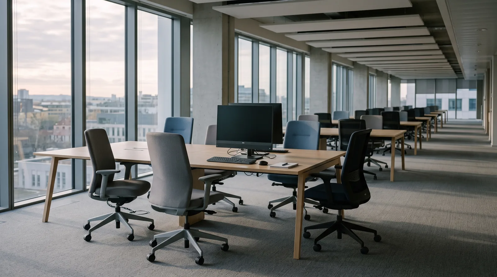 A single computer on one desk in an empty open-plan office, with several chairs pulled up to it from different directions.