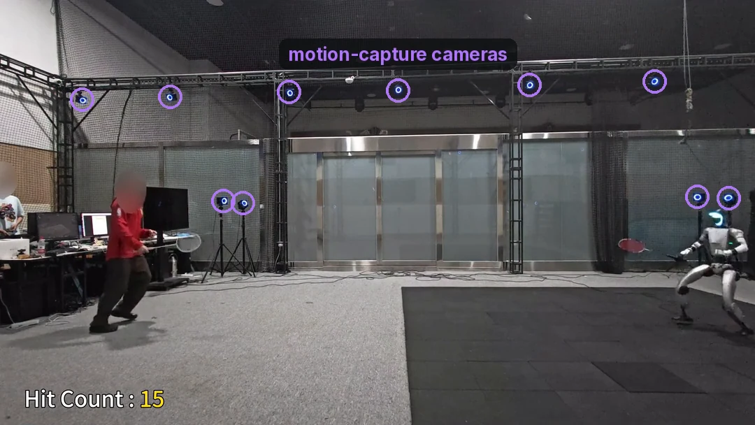 The lab's rally footage with 10 motion-capture cameras circled in purple, 6 on the ceiling frame and 4 on tripods.