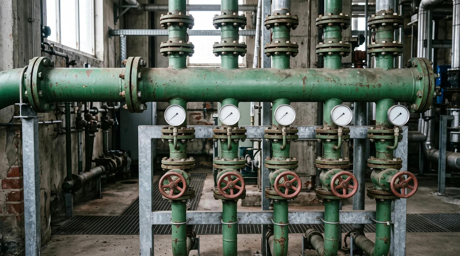 Industrial pipework where one large supply main splits through a manifold into several smaller branch lines.