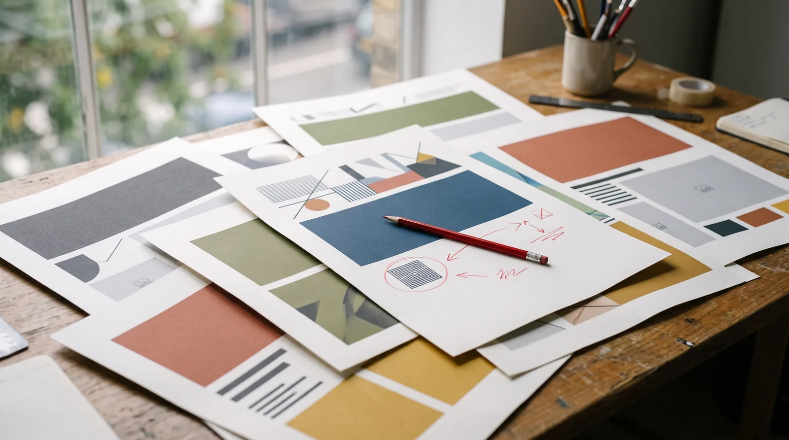 Printed design proofs overlapping on a studio desk, a red editing pencil resting across the topmost sheet.