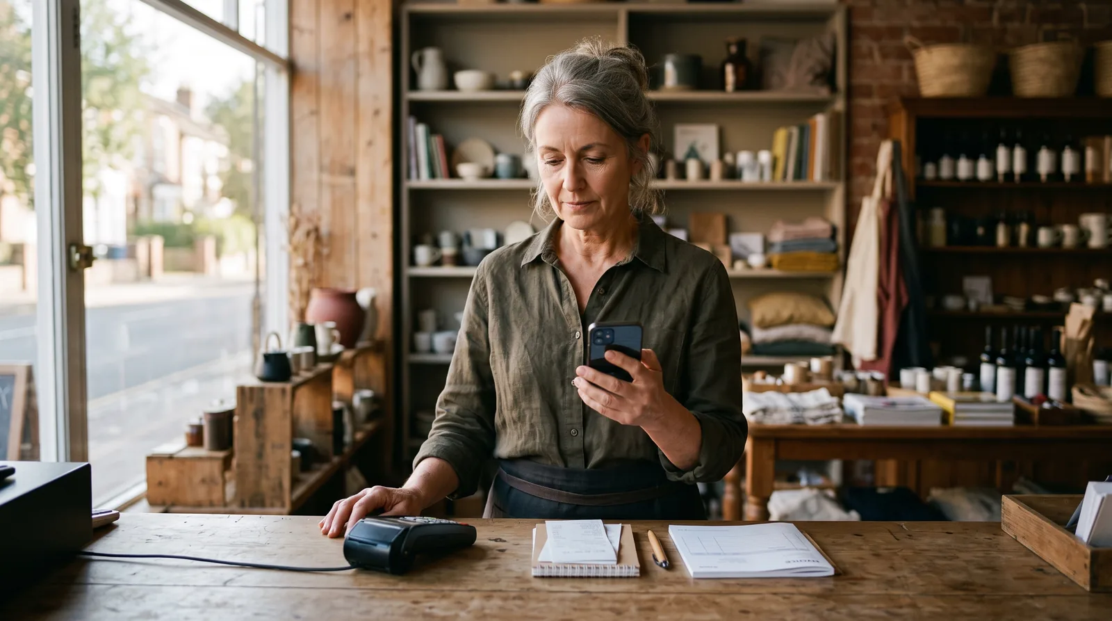 The owner of a small independent shop standing alone behind the counter, looking at a phone.