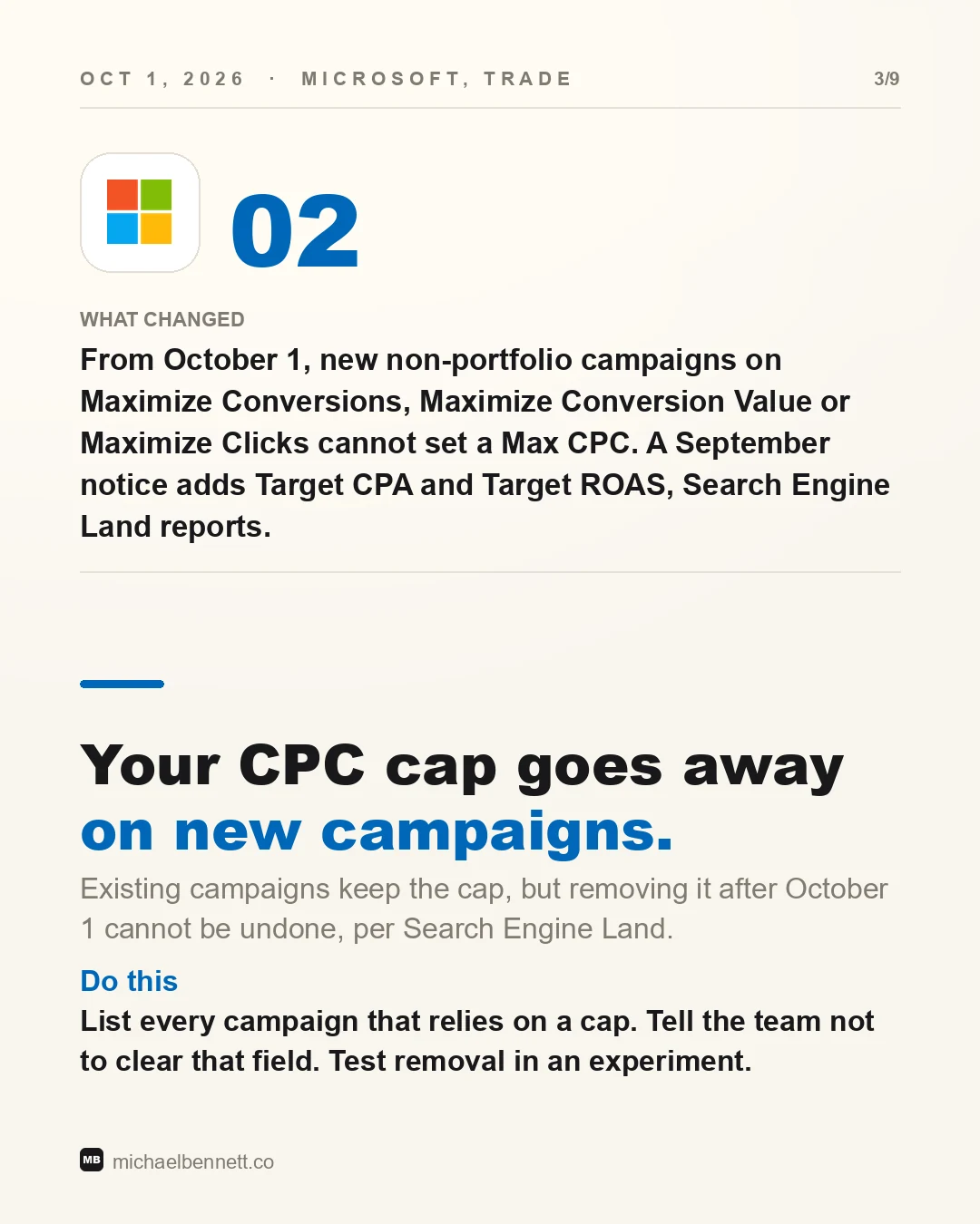 Carousel slide: your CPC cap goes away on new campaigns from October 1, 2026. Existing campaigns keep the cap, but removing it after October 1 cannot be undone, per Search Engine Land.