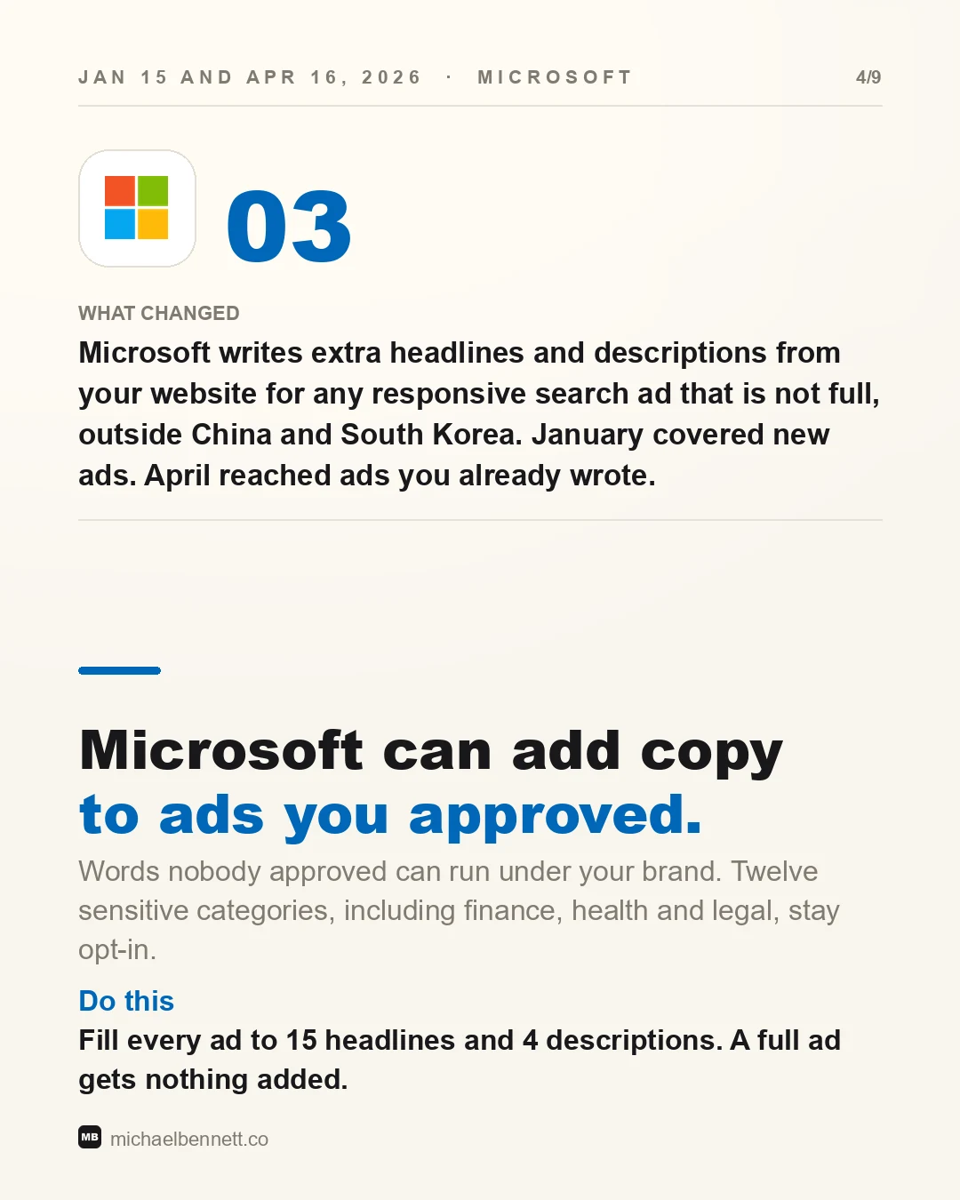 Carousel slide: Microsoft can add copy to ads you approved. It writes extra headlines and descriptions for any responsive search ad that is not full. Fill every ad to 15 headlines and 4 descriptions.