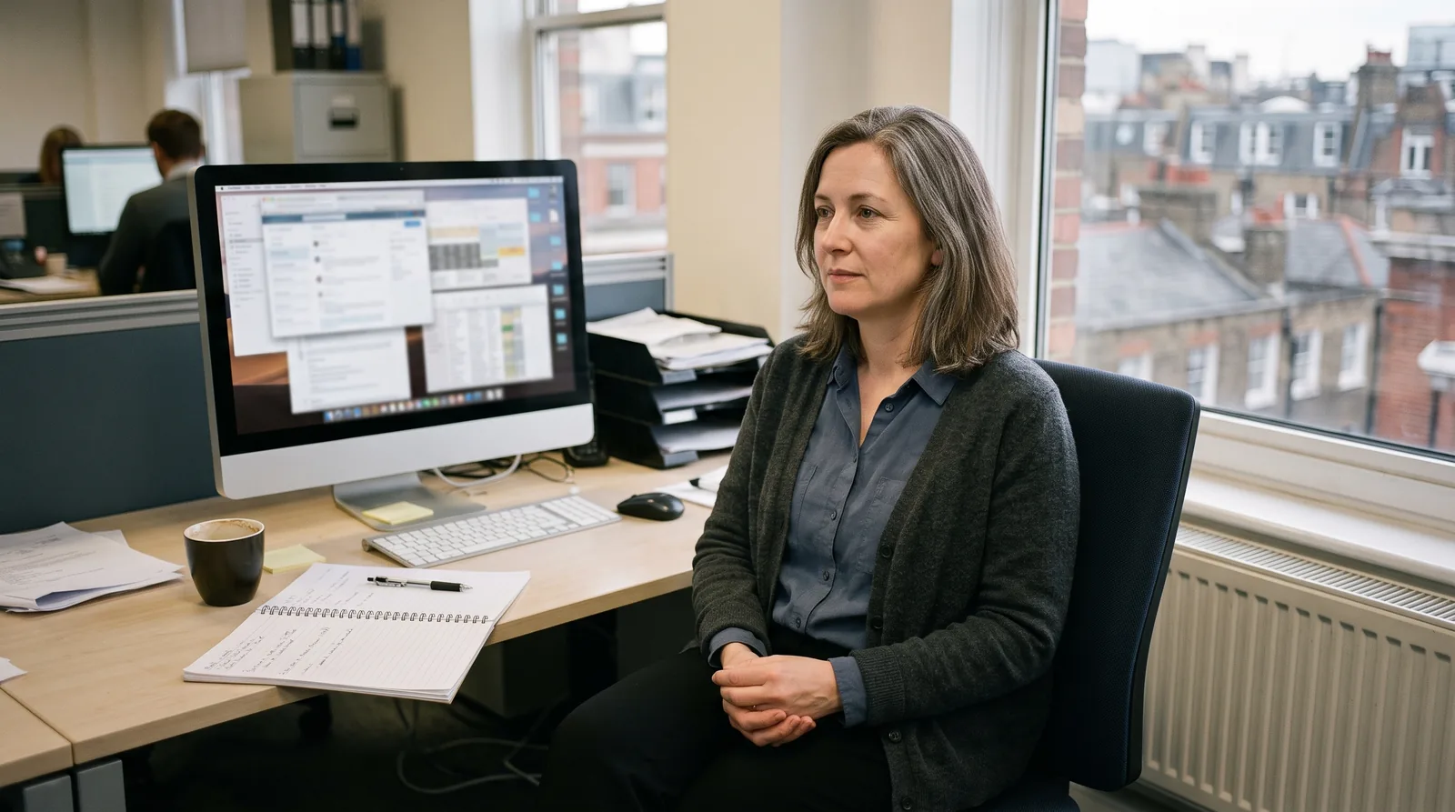 A woman sitting back from her desk, hands in her lap, watching a monitor full of open windows do the work without her.