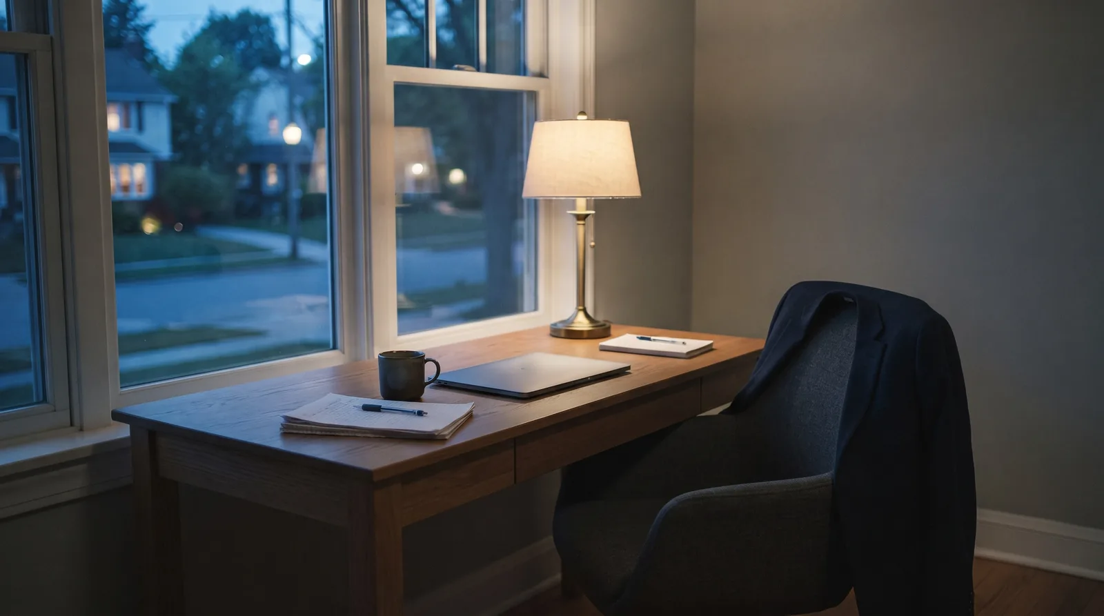 An empty home office at dusk: a closed laptop, a coffee mug and notes on a wooden desk under a lit lamp, a jacket left on the chair, and a quiet street in blue evening light outside the window.