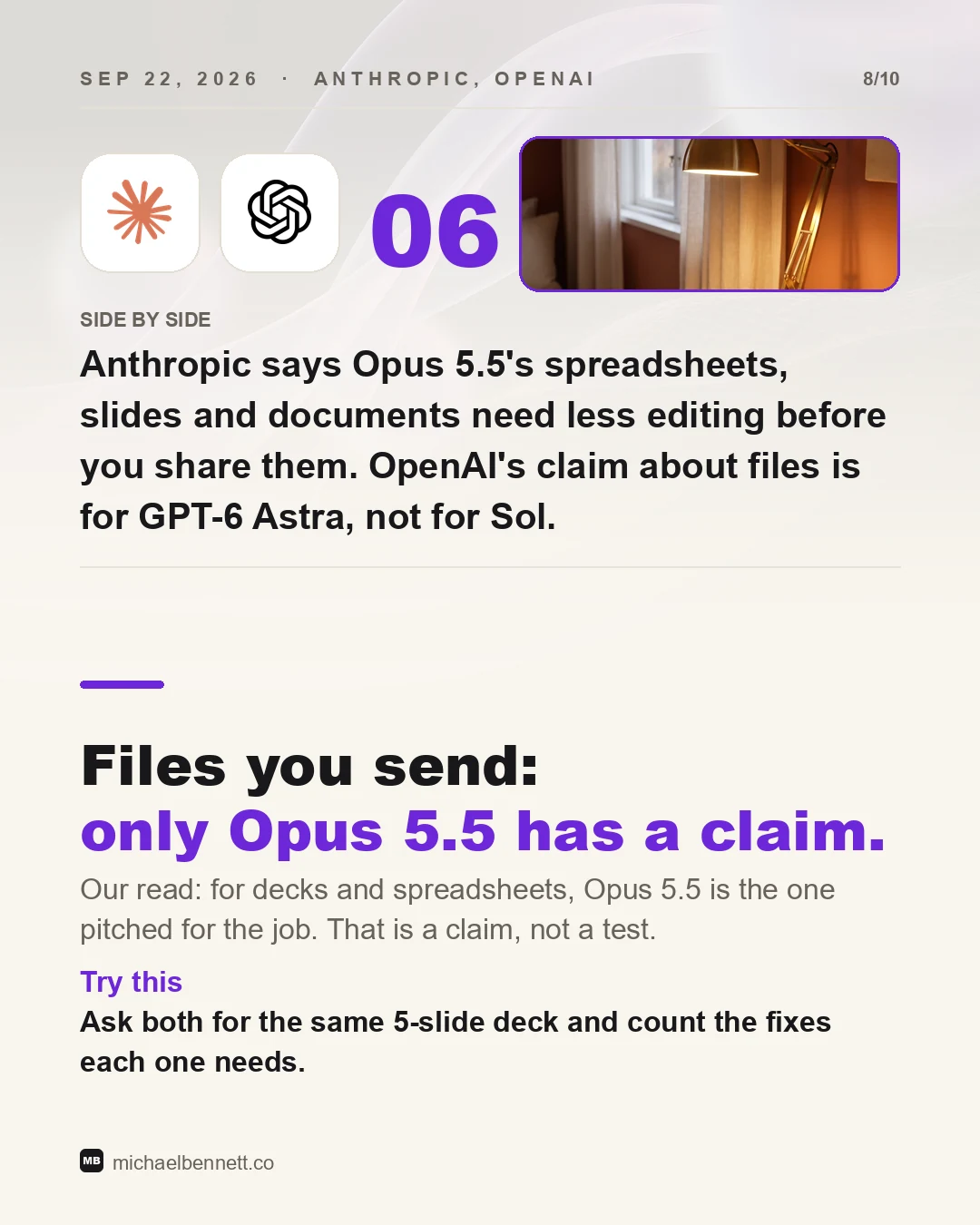 Carousel slide: Anthropic says Opus 5.5's files need less editing before you share them. OpenAI's claim about files is for GPT-6 Astra, not Sol. A claim, not a test.