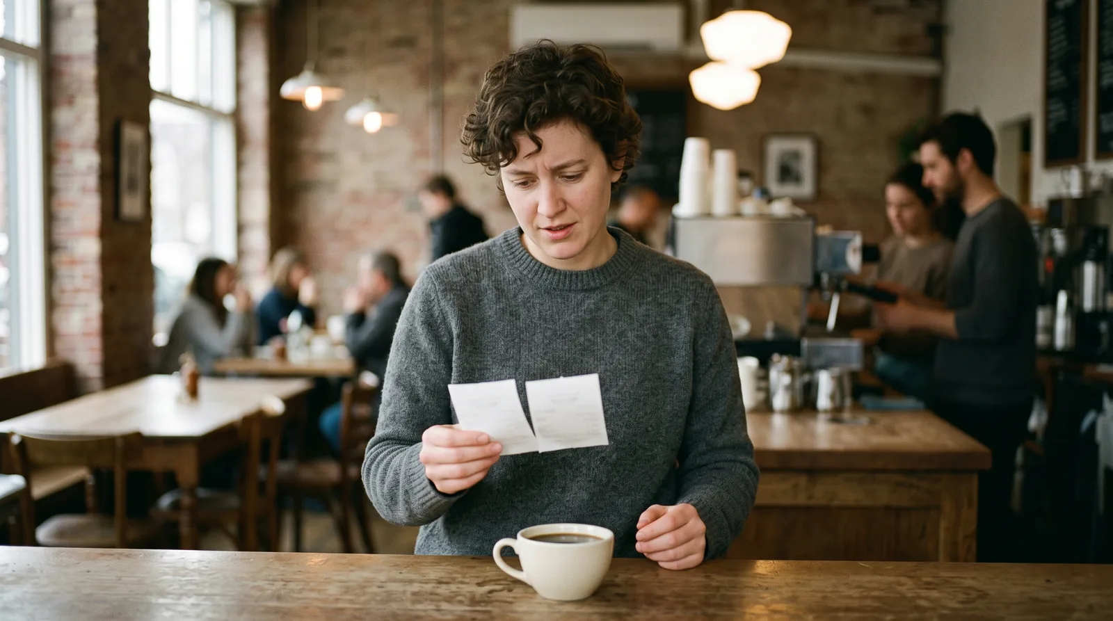 A person in a grey sweater at a café counter looks down at 2 identical paper receipts in their hand, with a cup of coffee in front of them and the busy café behind.