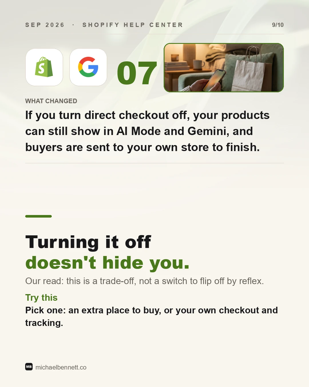 Carousel slide: if you turn direct checkout off, your products can still show in AI Mode and Gemini, and buyers are sent to your own store to finish. Our read: this is a trade-off, not a switch to flip off by reflex.