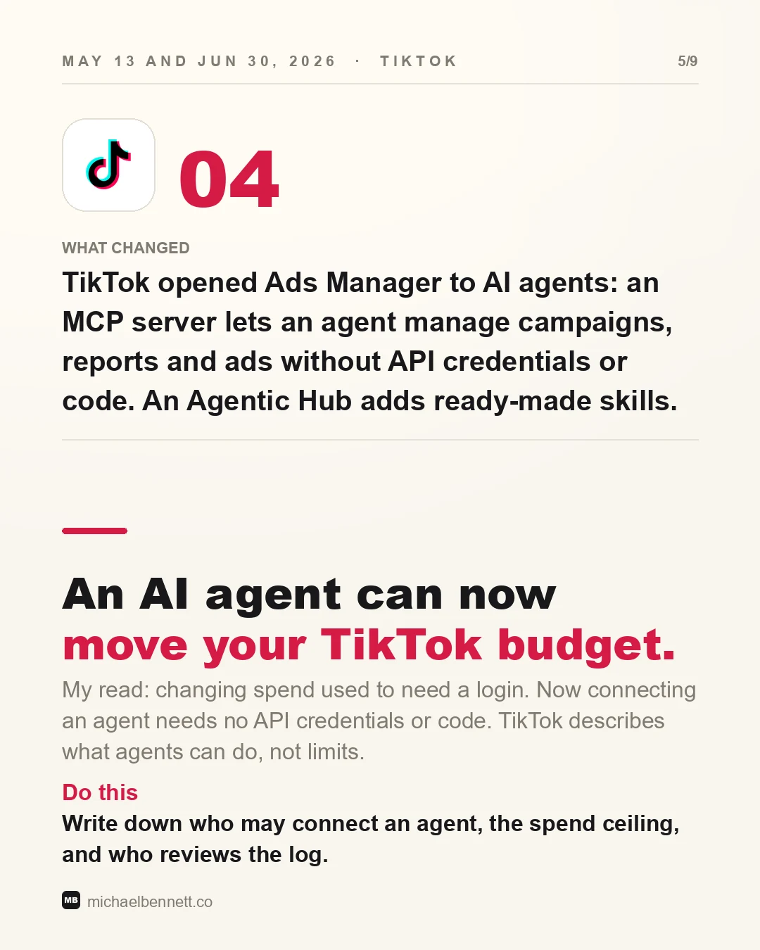 Carousel slide, May 13 and June 30, 2026: an MCP server lets an AI agent manage campaigns, reports and ads without API credentials or code. Headline: An AI agent can now move your TikTok budget.
