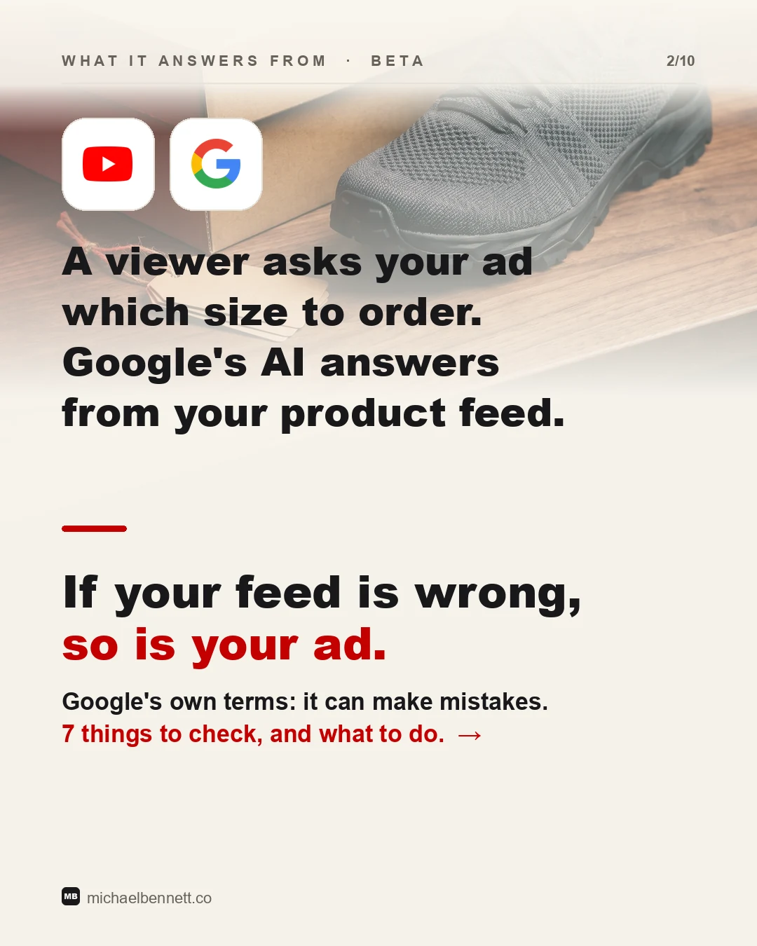 Carousel slide: a viewer asks your ad which size to order, and Google's AI answers from your product feed. If your feed is wrong, so is your ad. Google's own terms say it can make mistakes.