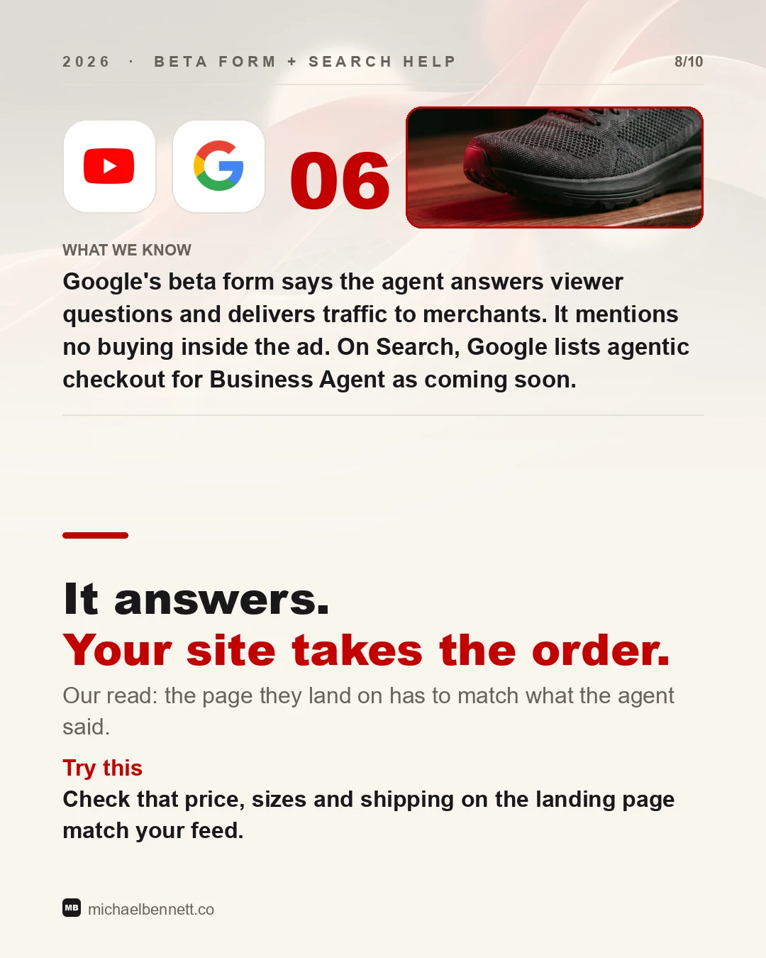 Carousel slide: It answers. Your site takes the order. The beta form says the agent answers viewer questions and delivers traffic to merchants, and mentions no buying inside the ad.