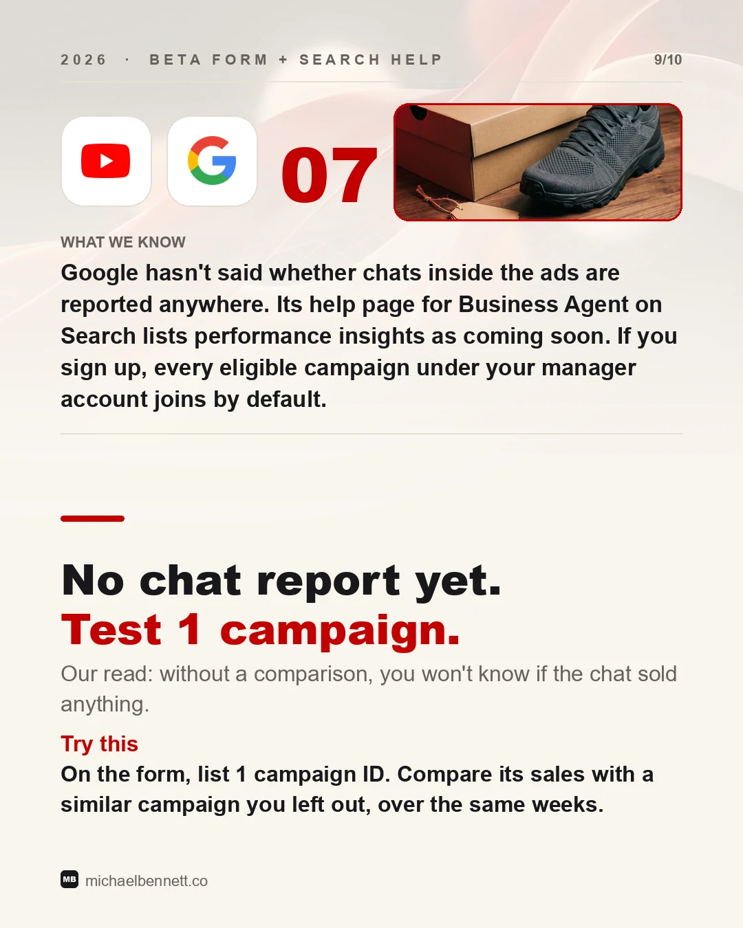 Carousel slide: No chat report yet. Test 1 campaign. On the form, list 1 campaign ID and compare its sales with a similar campaign you left out, over the same weeks.