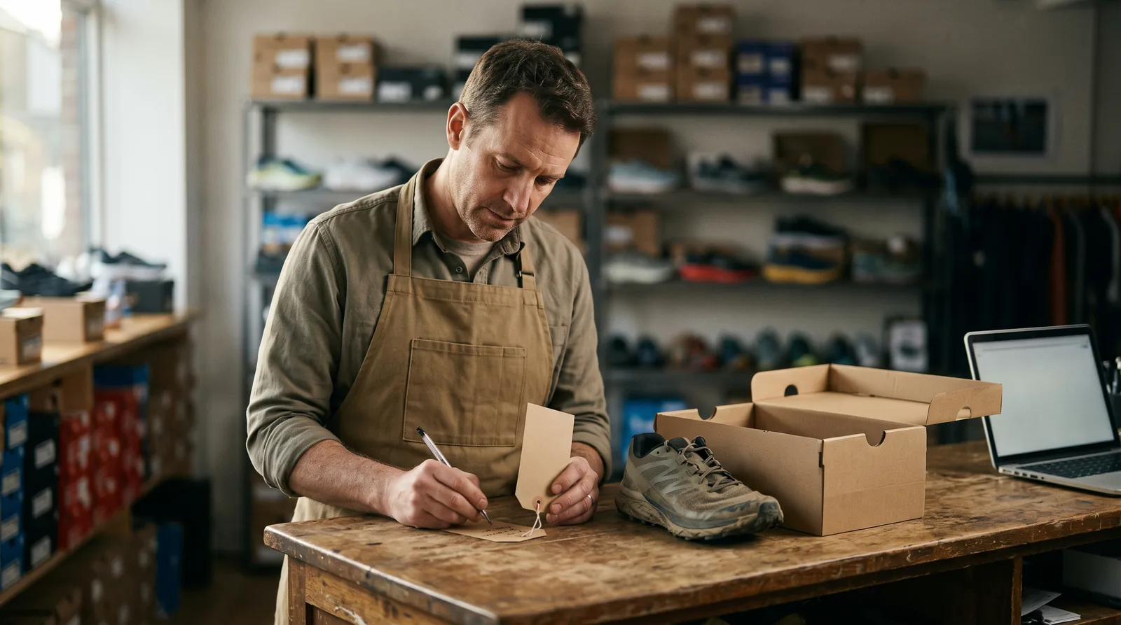 A shop owner in a canvas apron writes size notes on a product tag at the counter of a small running shoe shop, beside a trail shoe and an open shoe box.