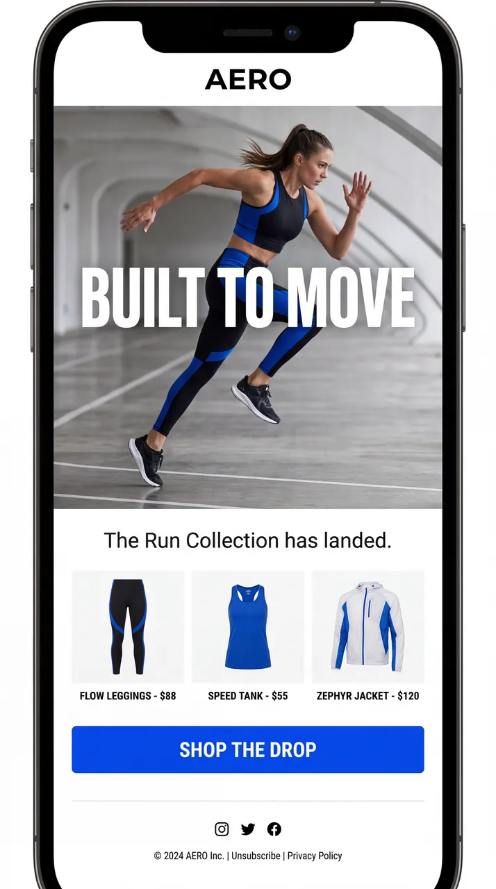 AERO activewear product launch email creative