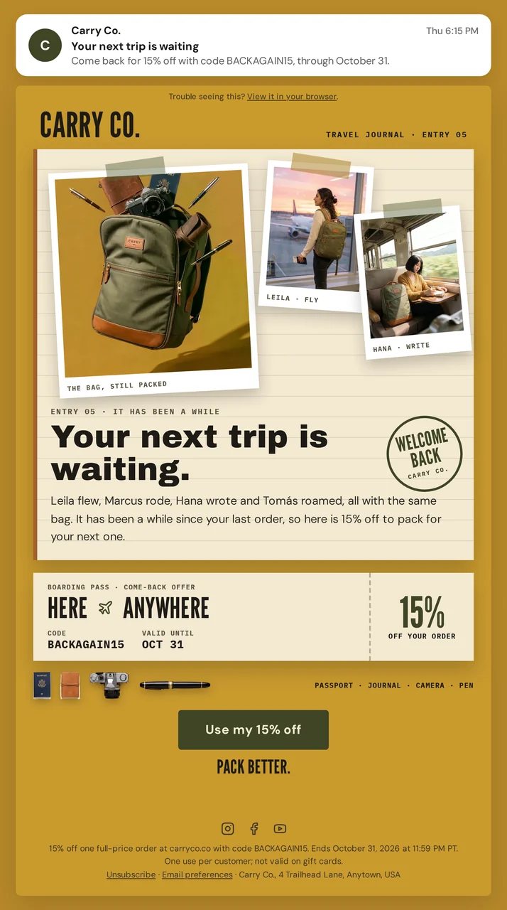 Carry Co. come-back reactivation email creative
