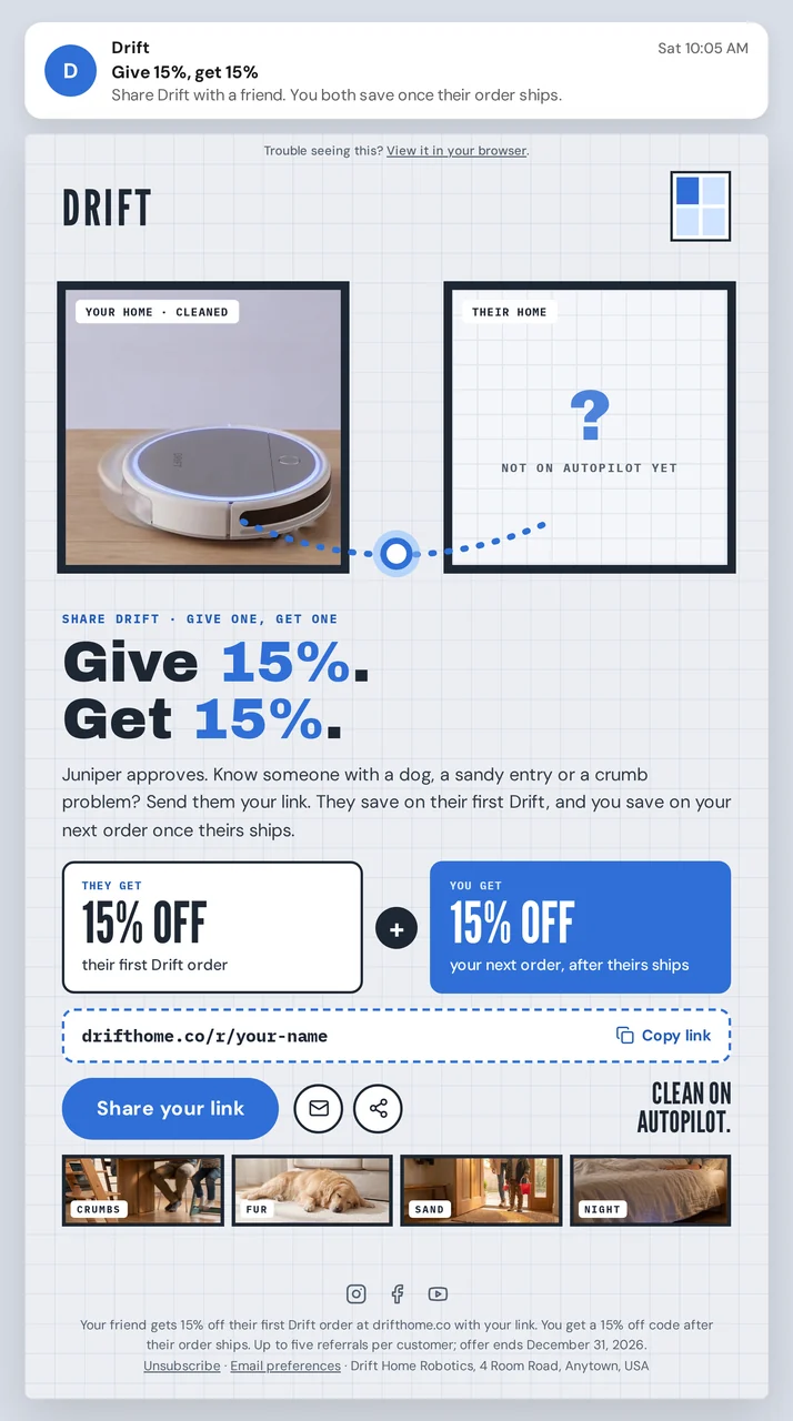Drift give 15% get 15% referral email creative