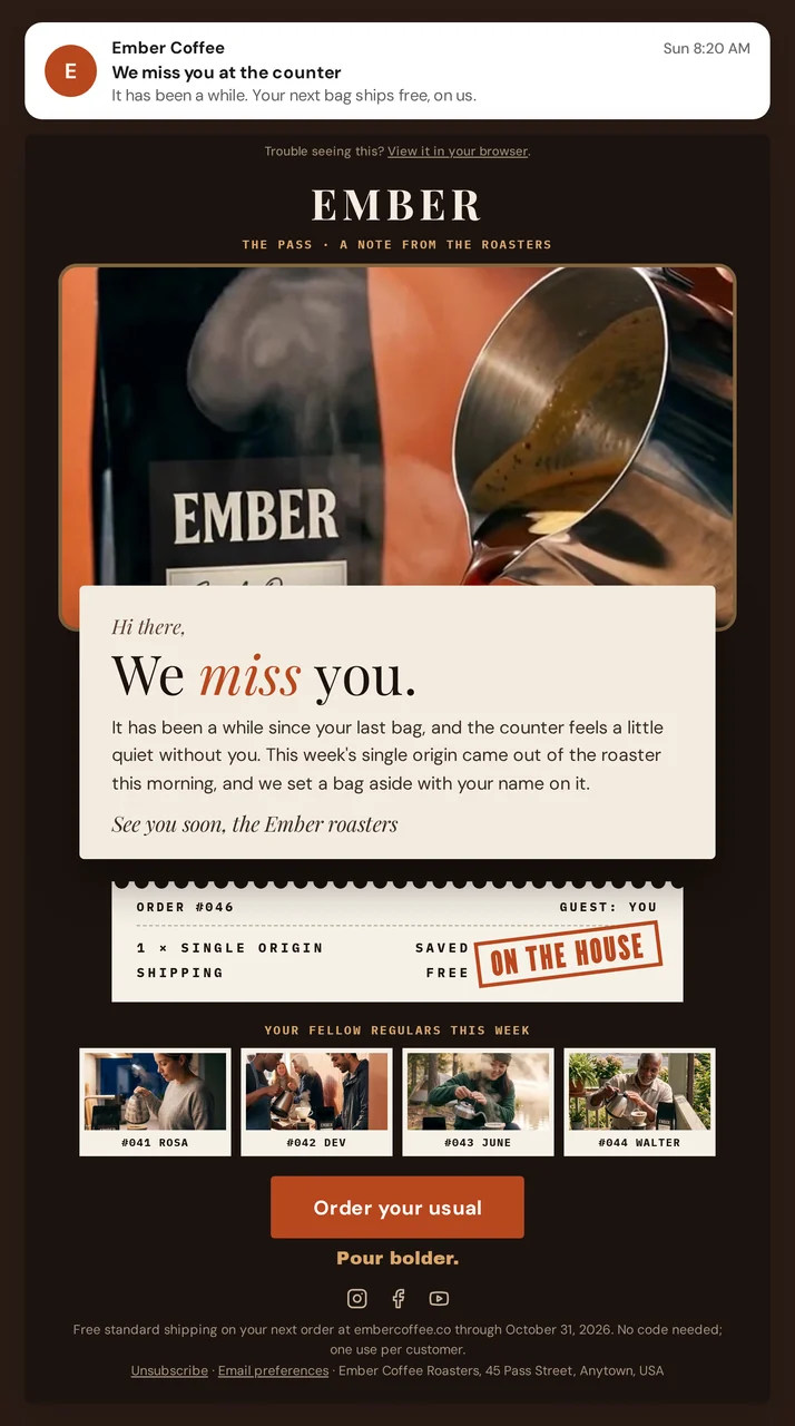 Ember we miss you win-back email creative