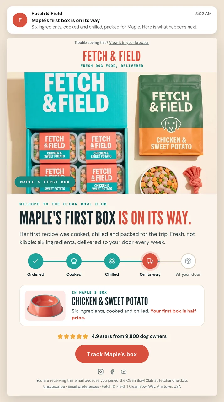 Fetch & Field first box shipped email creative