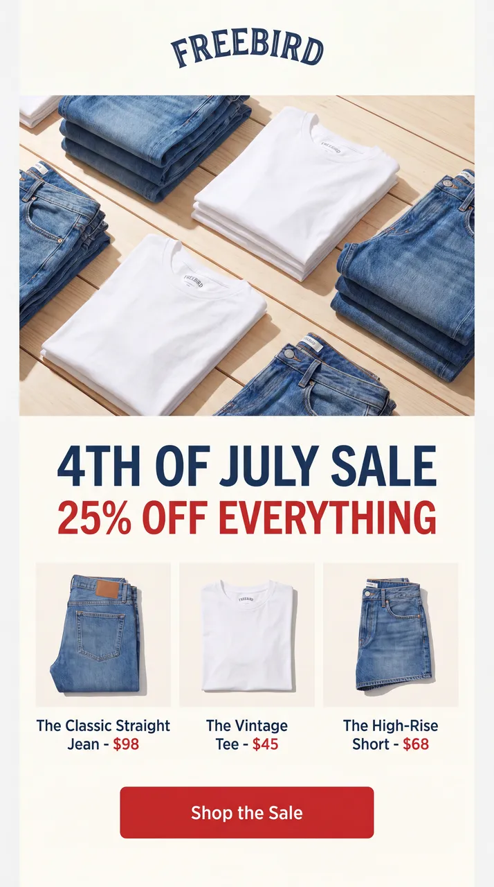 Freebird apparel 4th of July sale email