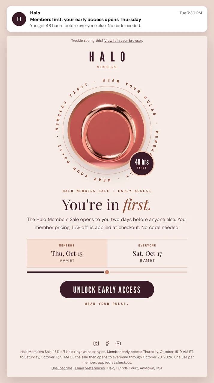 Halo members early access email creative