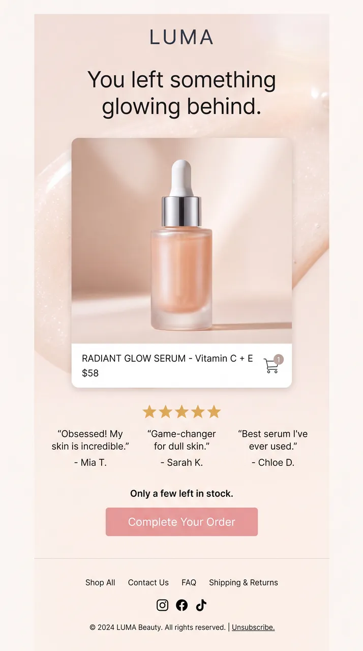 LUMA skincare abandoned cart email