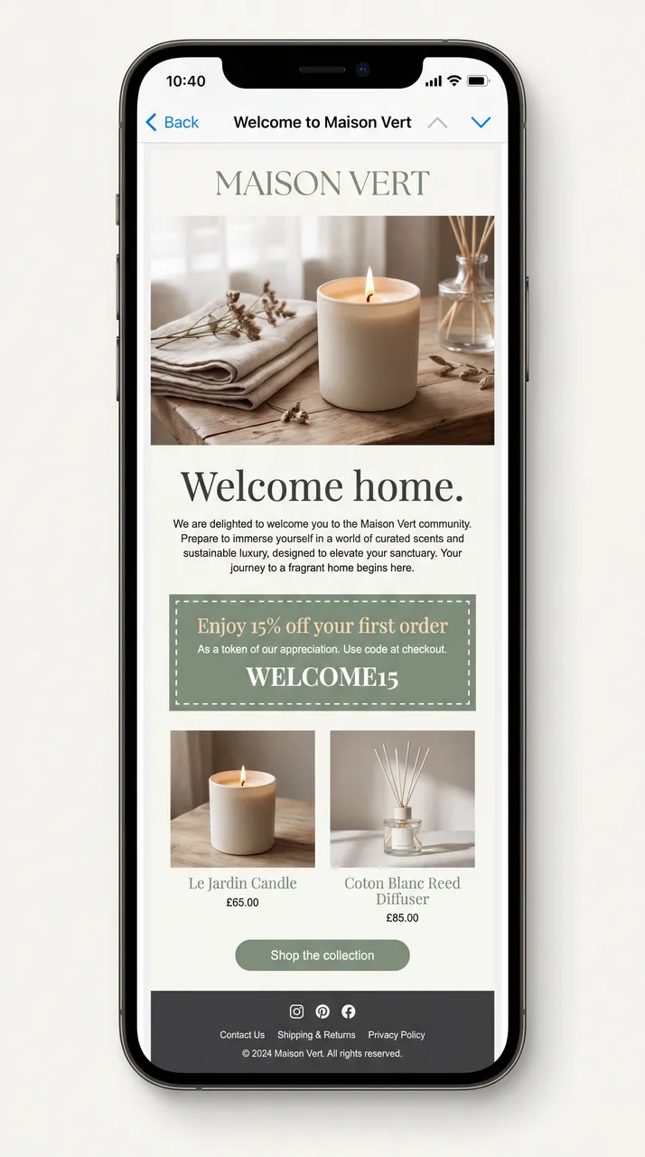 Maison Vert luxury welcome email creative