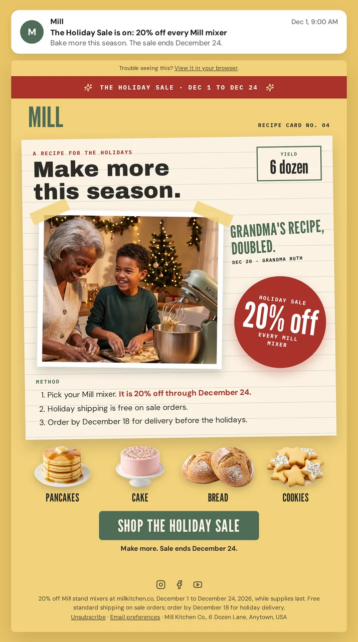 Mill holiday sale email creative